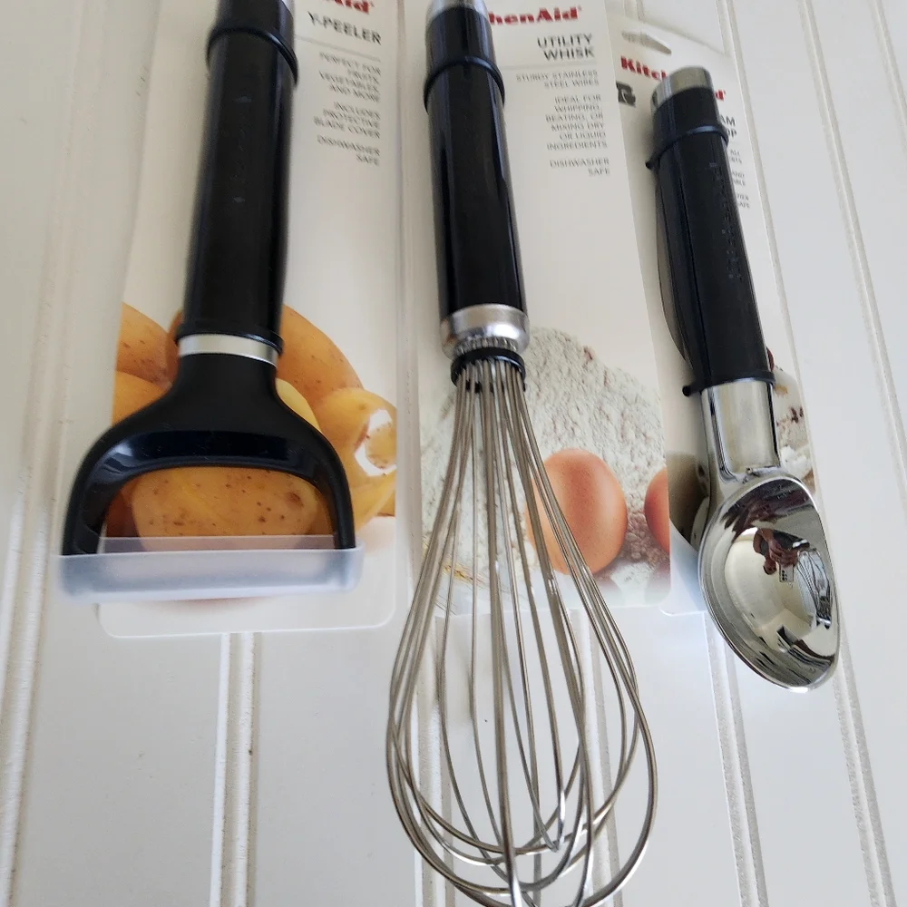 KitchenAid Prep utility Whisk , ice cream scoop, y- peeler in black kitc…